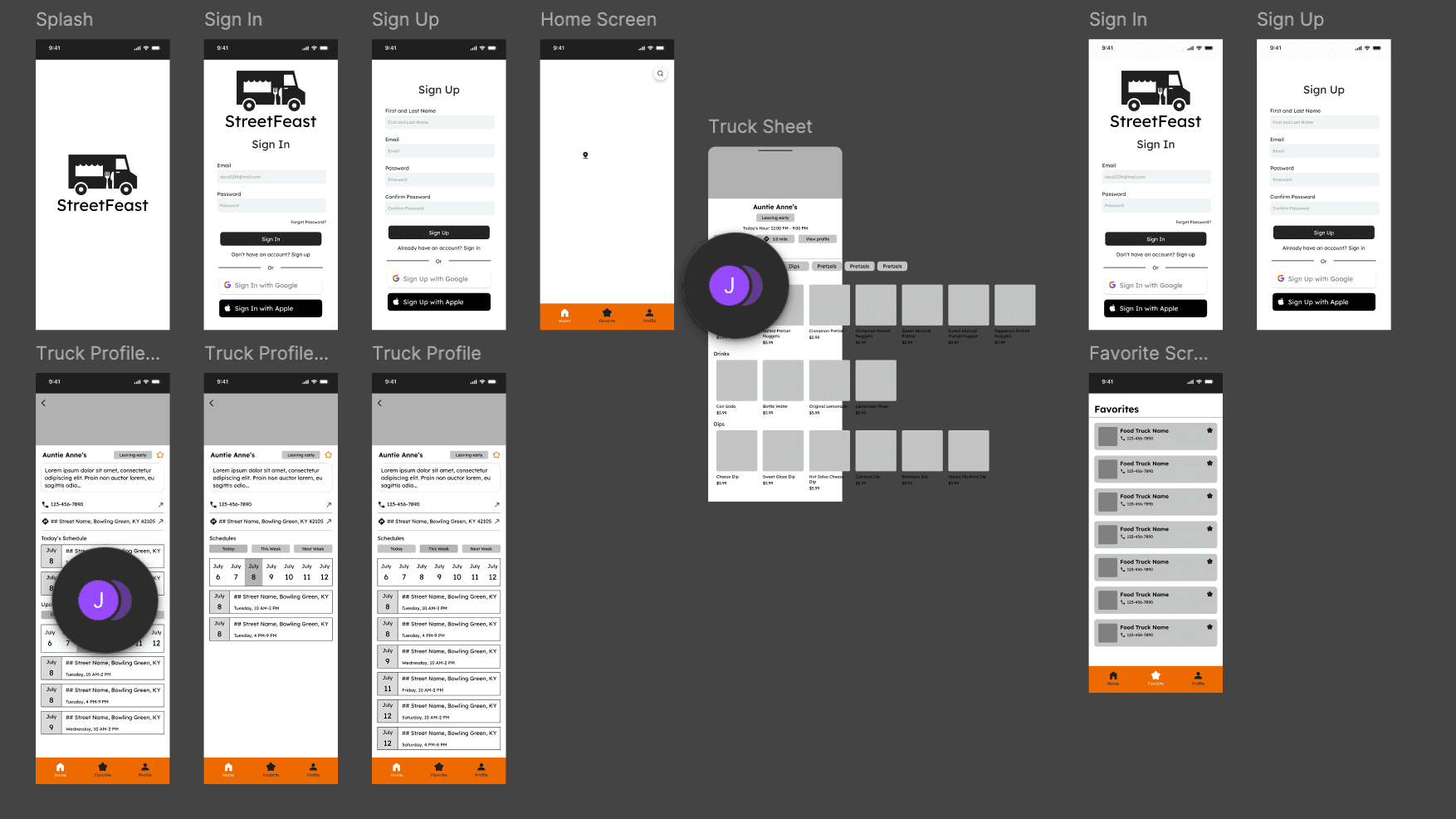 Wireframes for the StreetFeast onboarding and food truck profile screens