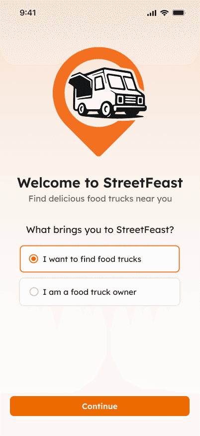 Welcome screen asking whether the user wants to find food trucks or owns one