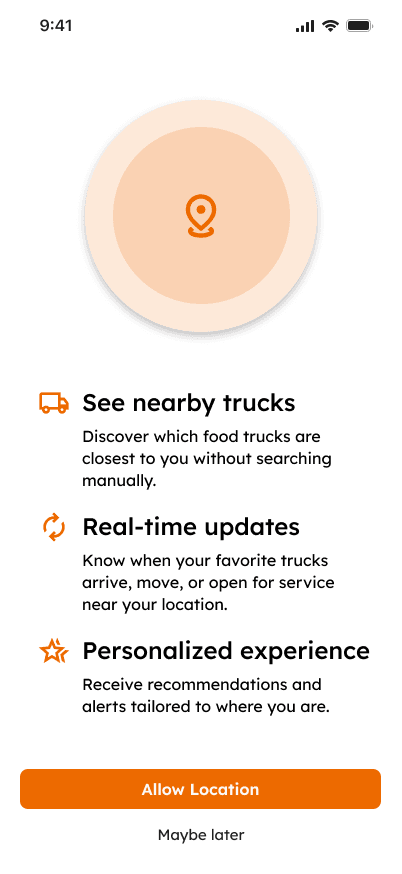 Location permission screen explaining real-time nearby truck updates