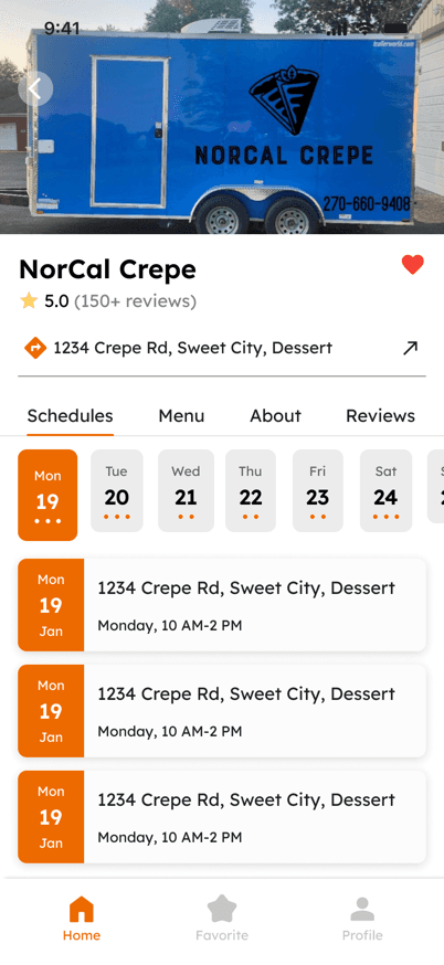 Food truck profile showing the Schedules tab with a day-by-day calendar