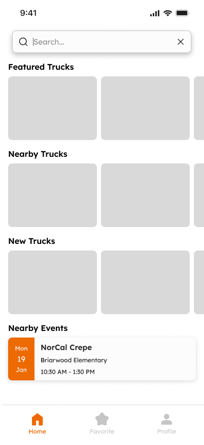Home screen with search and featured, nearby and new truck carousels