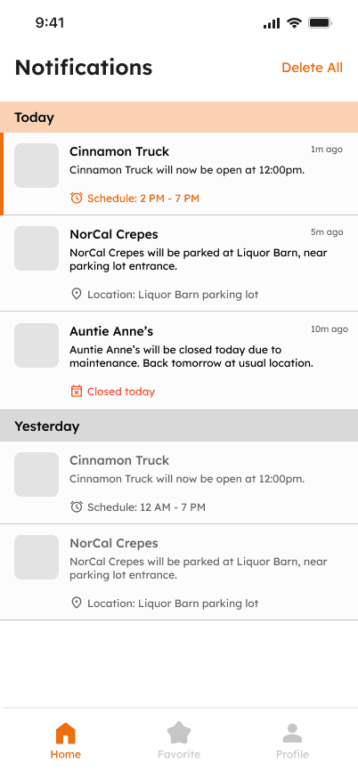 Notifications list grouped by Today and Yesterday
